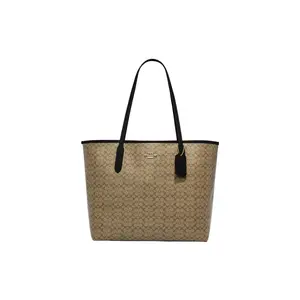 Coach City 33 Logo Monogram Snap-Toggle Coated Canvas and Leather Tote Bag for Women, Large, Khaki