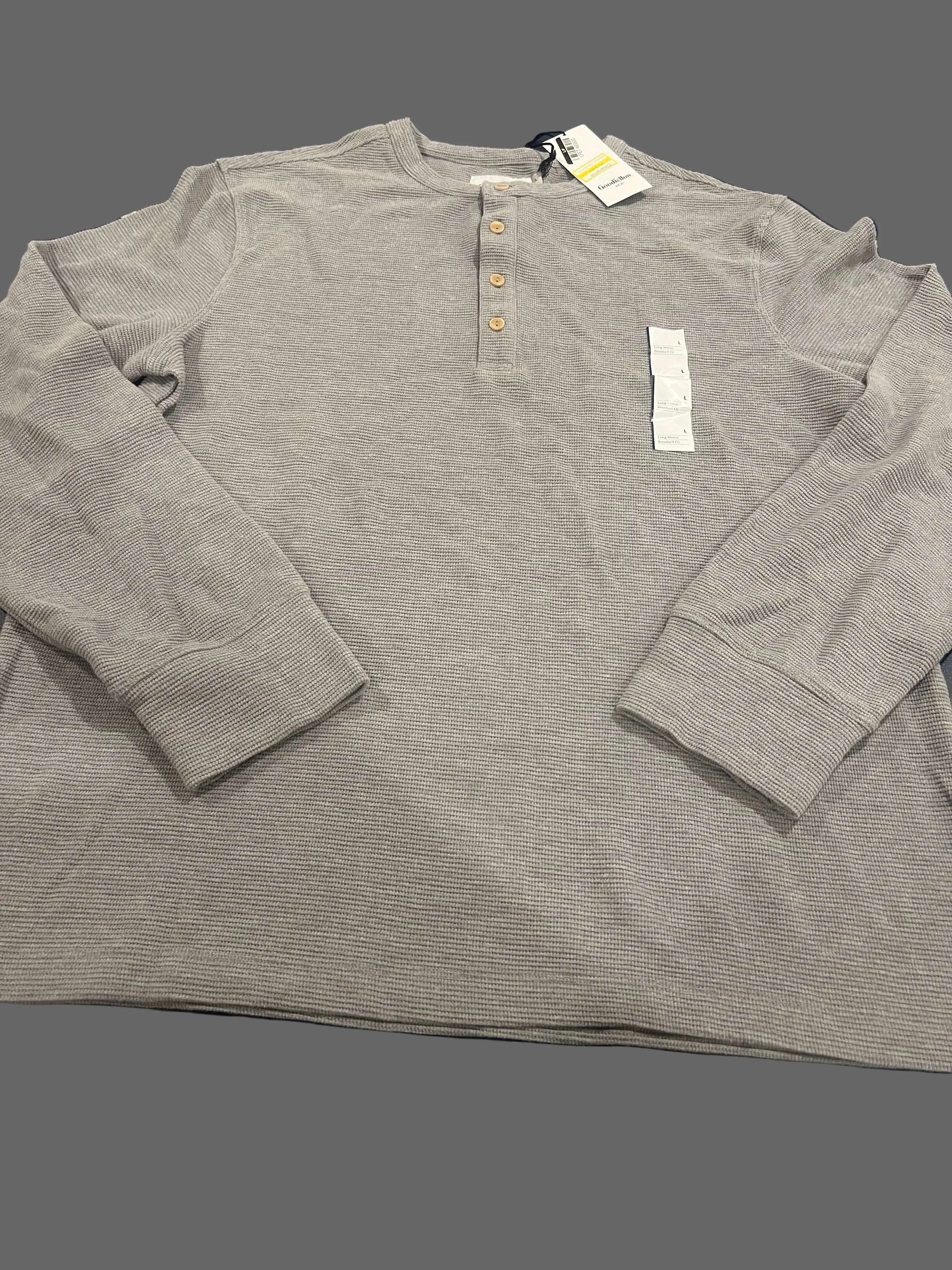 Men's Casual Textured Long Sleeve Henley Tops - Plain Grey 4-Button Pullover, Brand New with Tags, Henley Shirt