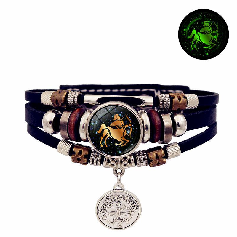 Luminous 12 Zodiac Signs Leather Bracelet — Unisex Gift, Commemorative, Handmade, Multi-Layer Beaded Wristband & Creative Jewelry
