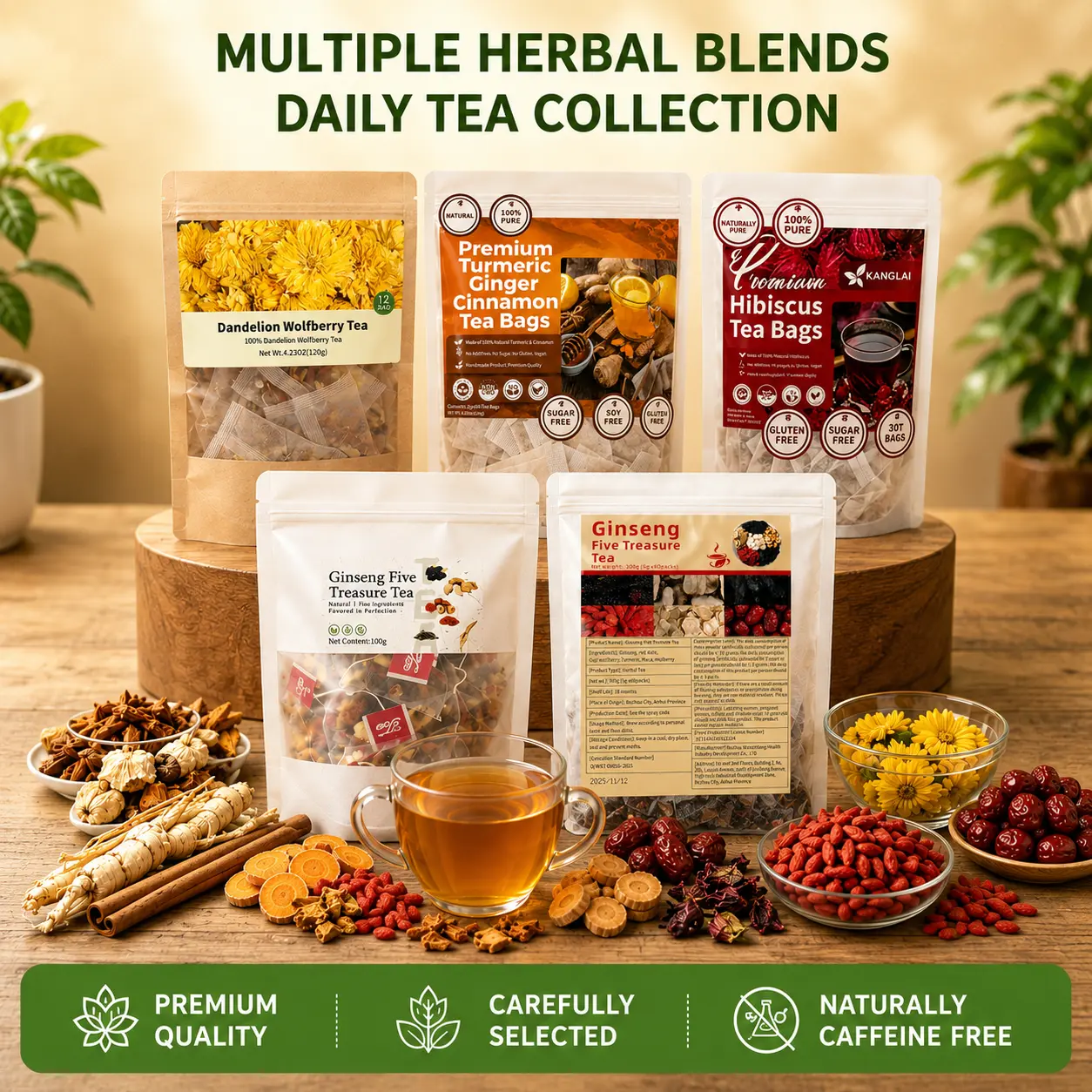 Herbal Tea Variety Pack – Ginseng Tea, Turmeric Tea, Dandelion Blend & Hibiscus Tea Bags, Individually Wrapped Herbal Tea Collection