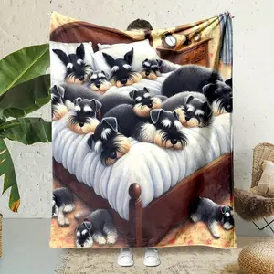 Comfortable Double-Sided Flannel Blanket with Cute Black and White Schnauzer Dog Print - Soft, Warm, Comfortable, Suitable for Home, Office, or Car, Perfect Gift for Family and Friends, Comfortable Home Blanket with Cartoon Dog Design