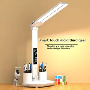 New USB LED Clock Dimmable Desk Lamp 2 Heads 180 Degree Rotation Foldable Desktop Reading Night Light Eye Protection Table Lamp