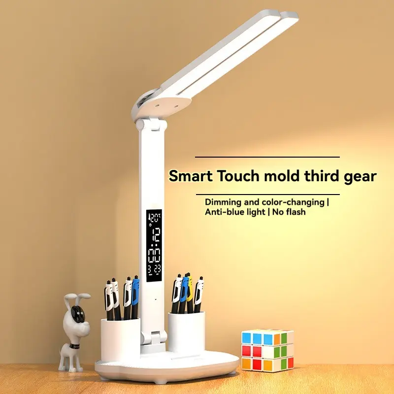 New USB LED Clock Dimmable Desk Lamp 2 Heads 180 Degree Rotation Foldable Desktop Reading Night Light Eye Protection Table Lamp, Adjustable Brightness Desk Lamp, Multifunction Desk Lamp Desk Lighting