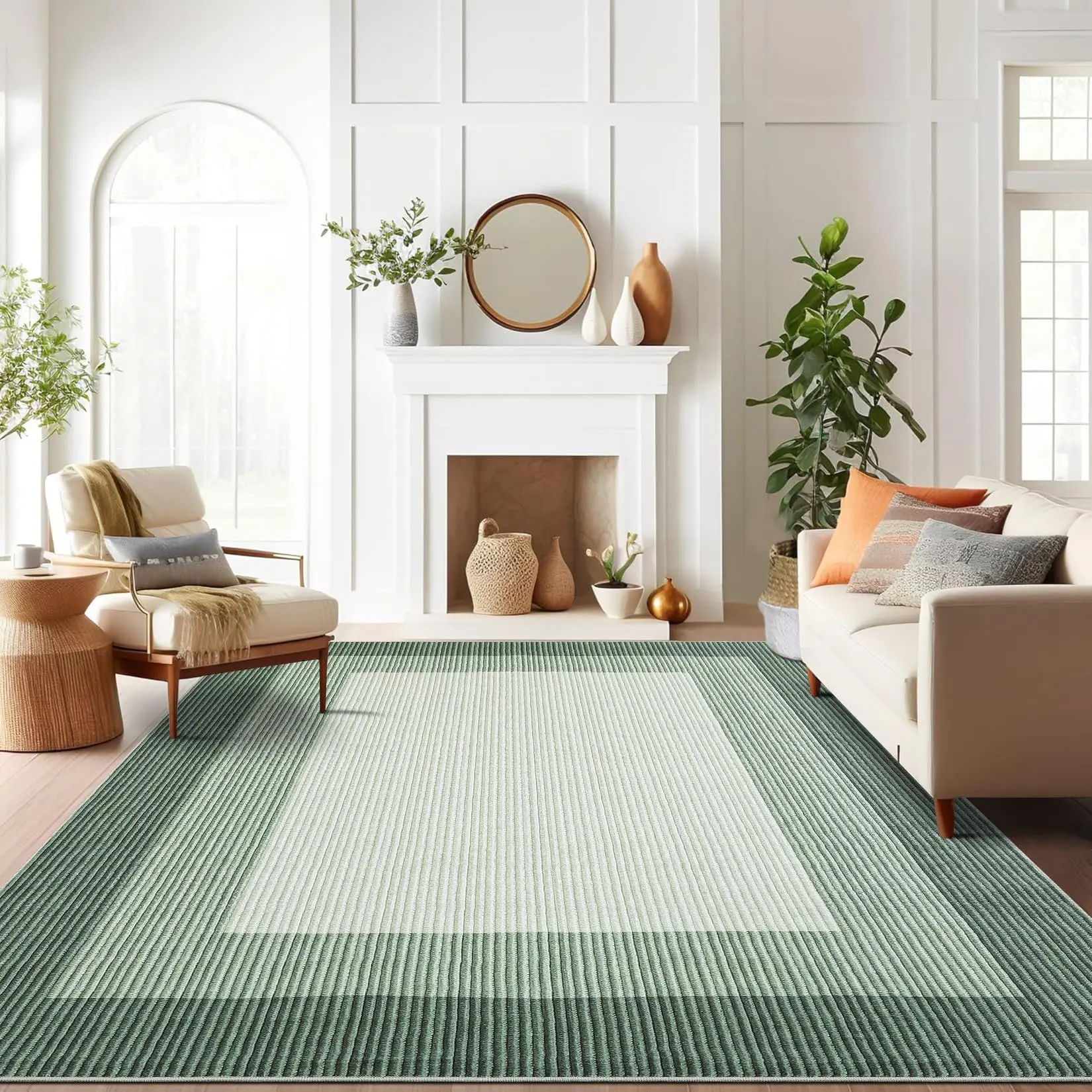 9x12 Area Rug - Modern Bordered Machine Washable Living Room Carpet, Soft Geometric, Non-Slip, Stain Resistant for Bedroom, Dining Room, Green