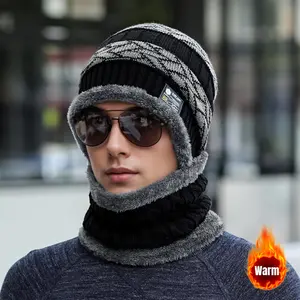 Thick Warm Black Knitted Men's Winter Hat with Scarf - Hand Washable, Polyester Fiber, 1 Piece