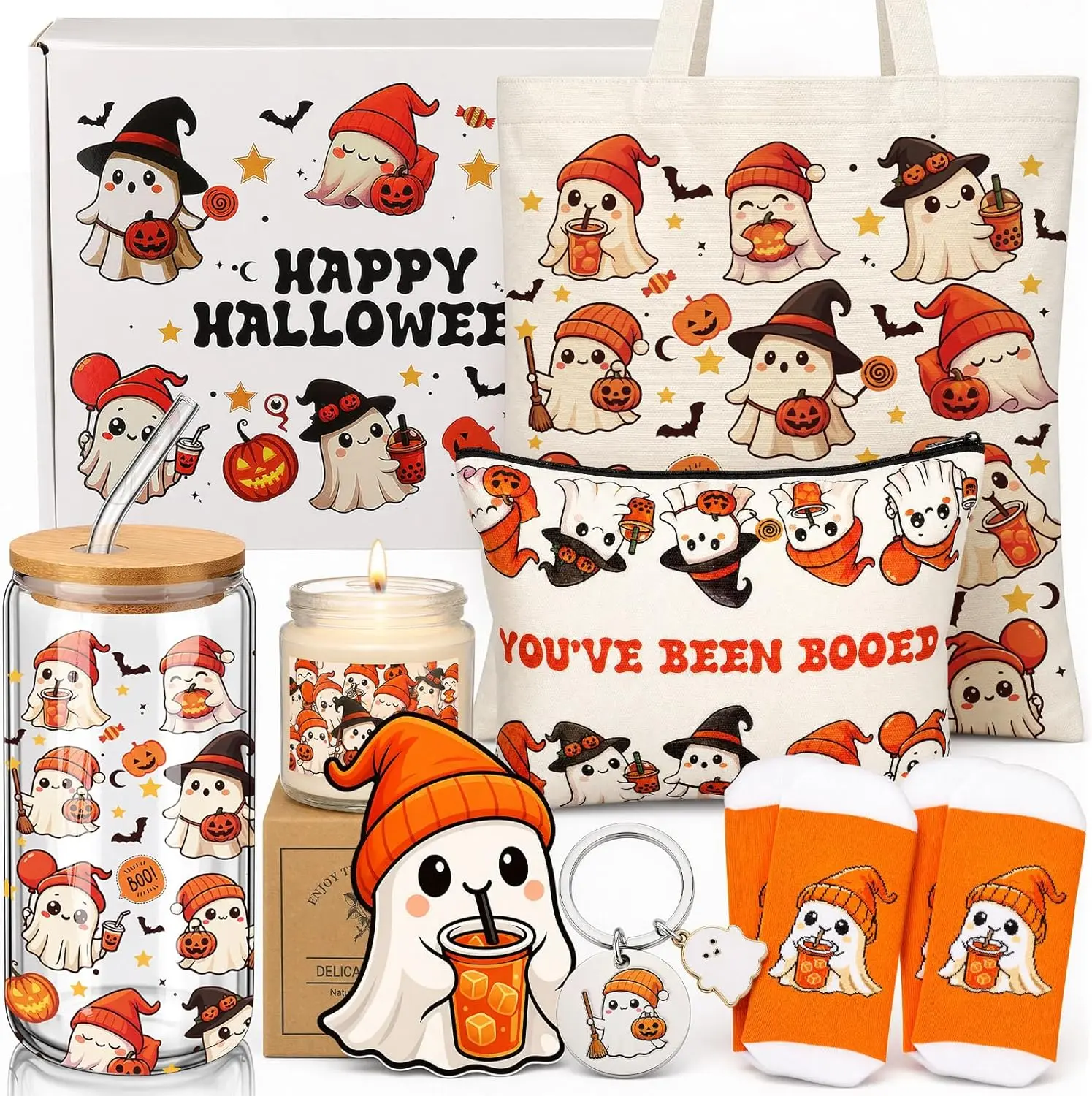 Boo Basket Stuffers for Women Teen Girls, Halloween Ghost Gift Set with 16 oz Glass Cup with Lid and Straw, Tote Bag, Cosmetic Bag, Socks, Candle, Keychain and Greeting Card