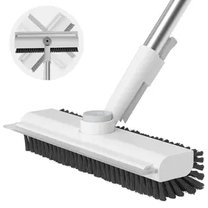 Floor Scrub Brush with Long Handle, 3 in 1 Scrape and Heavy-Duty Stiff Bristle Scrubber Brush for Cleaning Shower Bathroom, Patio, Pool, Garage, Kitchen, Wall and Deck