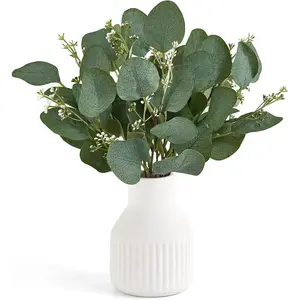 Artificial Eucalyptus Stems in Small Ceramic Vase Centerpiece Table Decorations Modern Farmhouse Decor Fake Eucalyptus Plants with Vase for Bathroom Kitchen Shelf Living Room Home Decor, White
