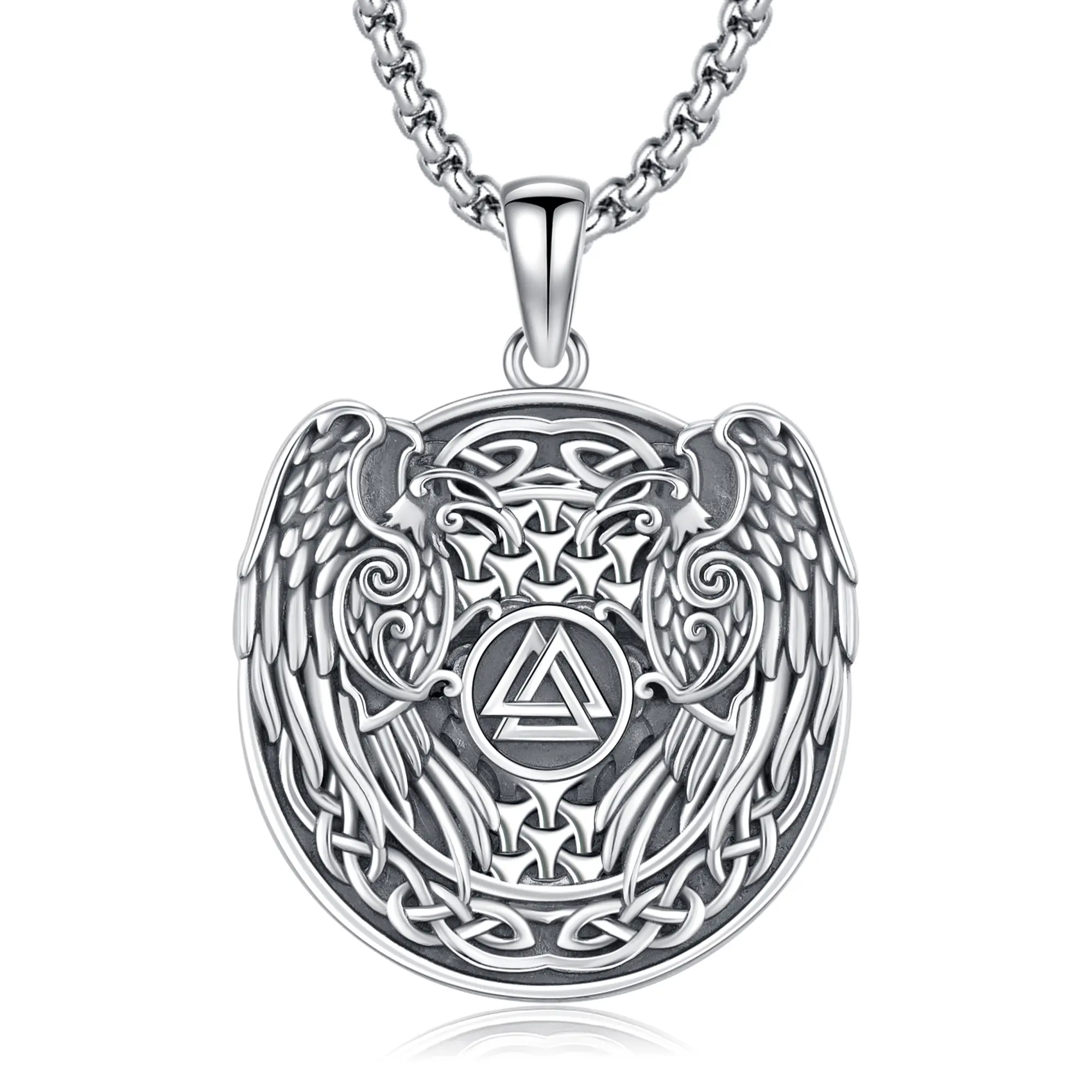 DRINSPER 925 Sterling Silver Viking Raven Jewelry Pendant, Norse Mythology Mjolnir Necklace, Graduation Gift for Men