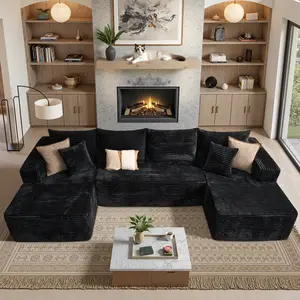 POUUIN 135in Upholstered Modular U-Shaped Cloud Sectional Sofa - Corduroy Velvet Plush Modern Couch with Fixed Arms, Chaise, Pre-Assembled Indoor Living Room Furniture