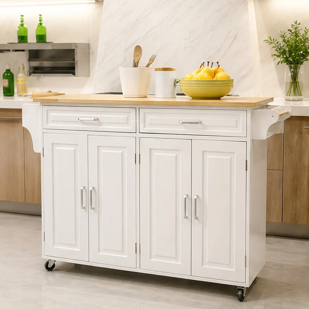ARCH Mobile Kitchen Island Cart with Rubber Wood Top, White MDF Storage, 2 Drawers, Adjustable Shelf, Towel Rack, Spice Rack, Lockable Wheels, 54x18x36 in Multi-Functional Floor Cabinets for Dining Room, Home Use
