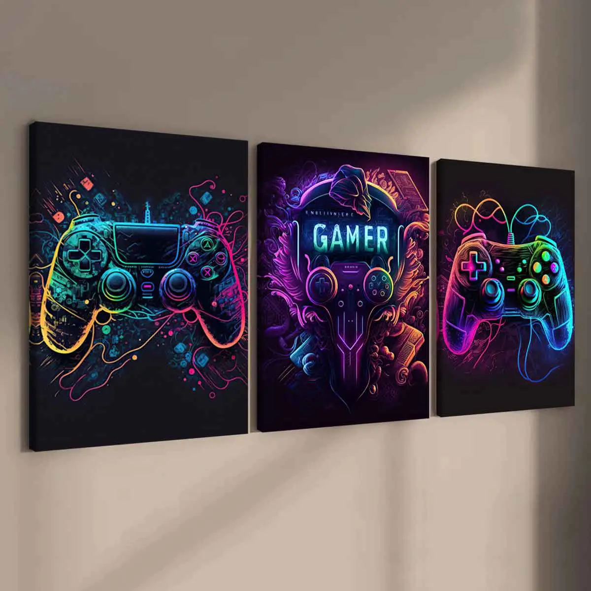 Game Console Neon Pattern Canvas Painting with Frame, 3 Counts/set Creative Cool Wall Art Poster, Wall Art Decor for Home Living Room Bedroom Office, Gift