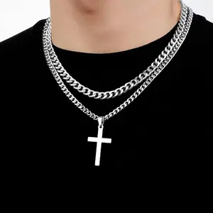 Layered Cross Necklace for Men Boys Stainless Steel Cuban Link Chain 16-24 inch Christian Cross Pendant Religious Jewelry Gifts Trendy Jewellery Accessories