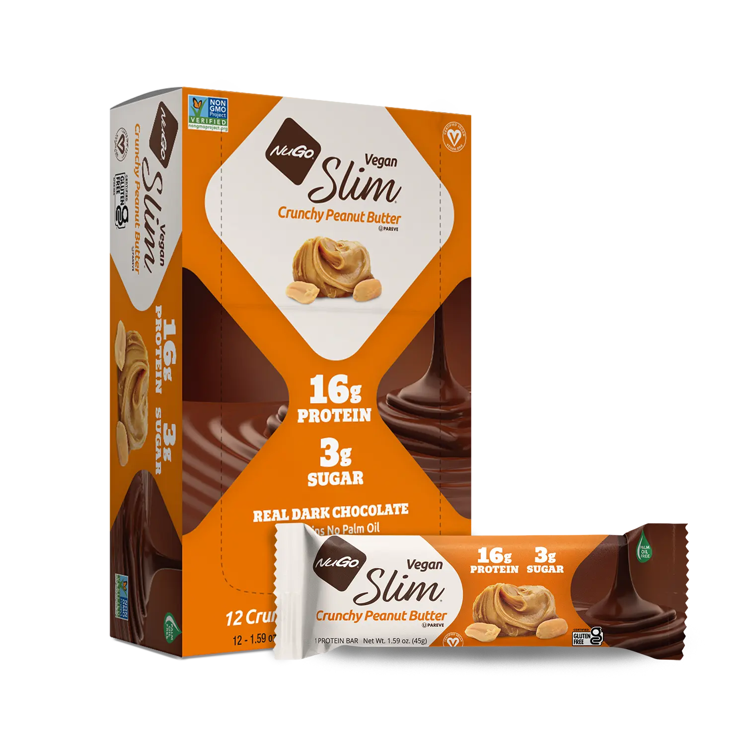 NuGo Slim Dark Chocolate Crunchy Peanut Butter, 17g Vegan Protein, 3g Sugar, 7g Fiber,  Low Net Carb, Keto Friendly, Gluten Free, 12 Count