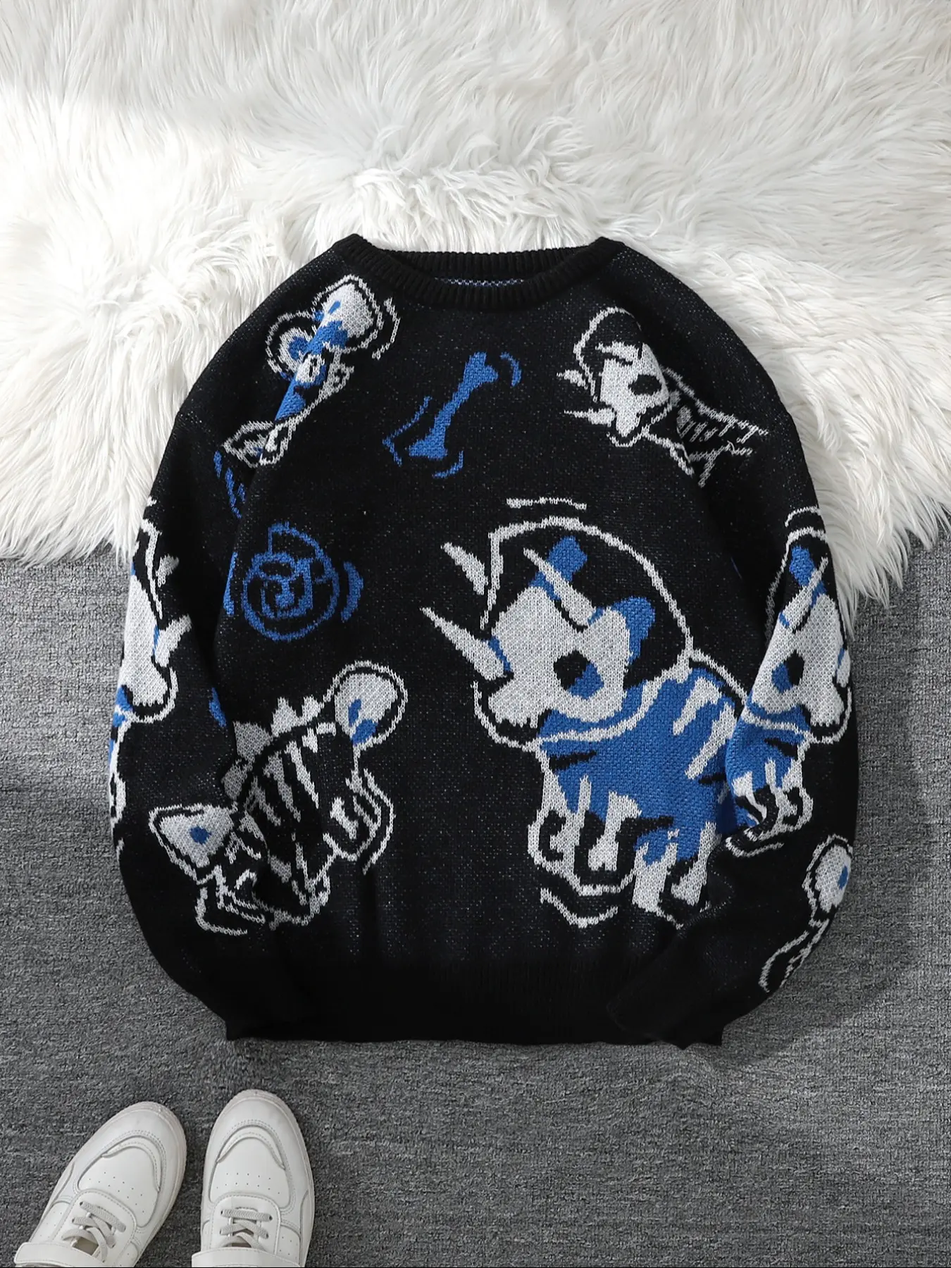 Dragon Roar Jacquard Two-Sided Pattern Pullover Sweater, Aesthetic Casual Knitwear, Casual Round Neck Knit Men's Hoodie, Fitted Animal Style for Spring & Fall