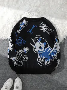 Dragon Roar Jacquard Two-Sided Pattern Streetwear Pullover Sweater, Casual Round Neck Long Sleeve Knit Men's Hoodie, Fitted Animal Style for Spring & Fall Knitwear