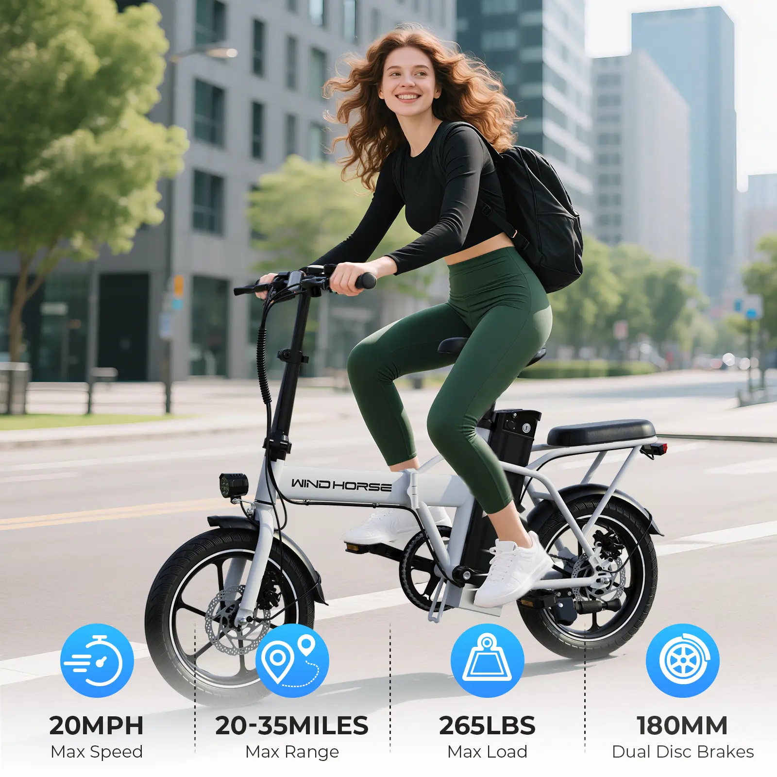 Windhorse W2A Unisex Adult Step-Over Frame Foldable Electric Bike - 16" Lightweight City Cycling Commuter Ebike, Urban Fold-Up Design, Rear Seat, 3-Speed Gears, 25mph Max Speed, 35 Mi Range, 52.8 Lbs
