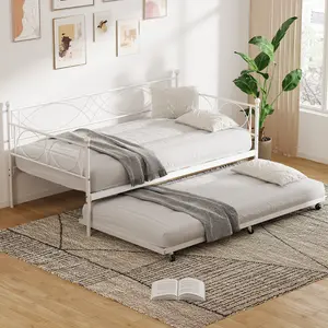 Space-Saving Twin Metal Daybed with Trundle - Heavy Duty Steel Frame Sofa Bed - Sturdy Metal Slats for Bedroom, Living Room, Guest Room