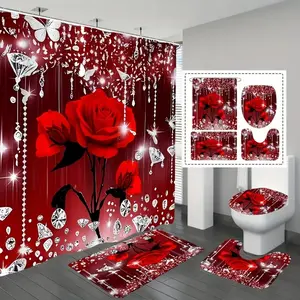 Rose Pattern Shower Curtain Set, Non-Slip Mat, U-Shaped Rug, Toilet Lid Cover, Perfect for Bathroom Decor, Includes 12 Hooks, Bathroom Decoration Accessories