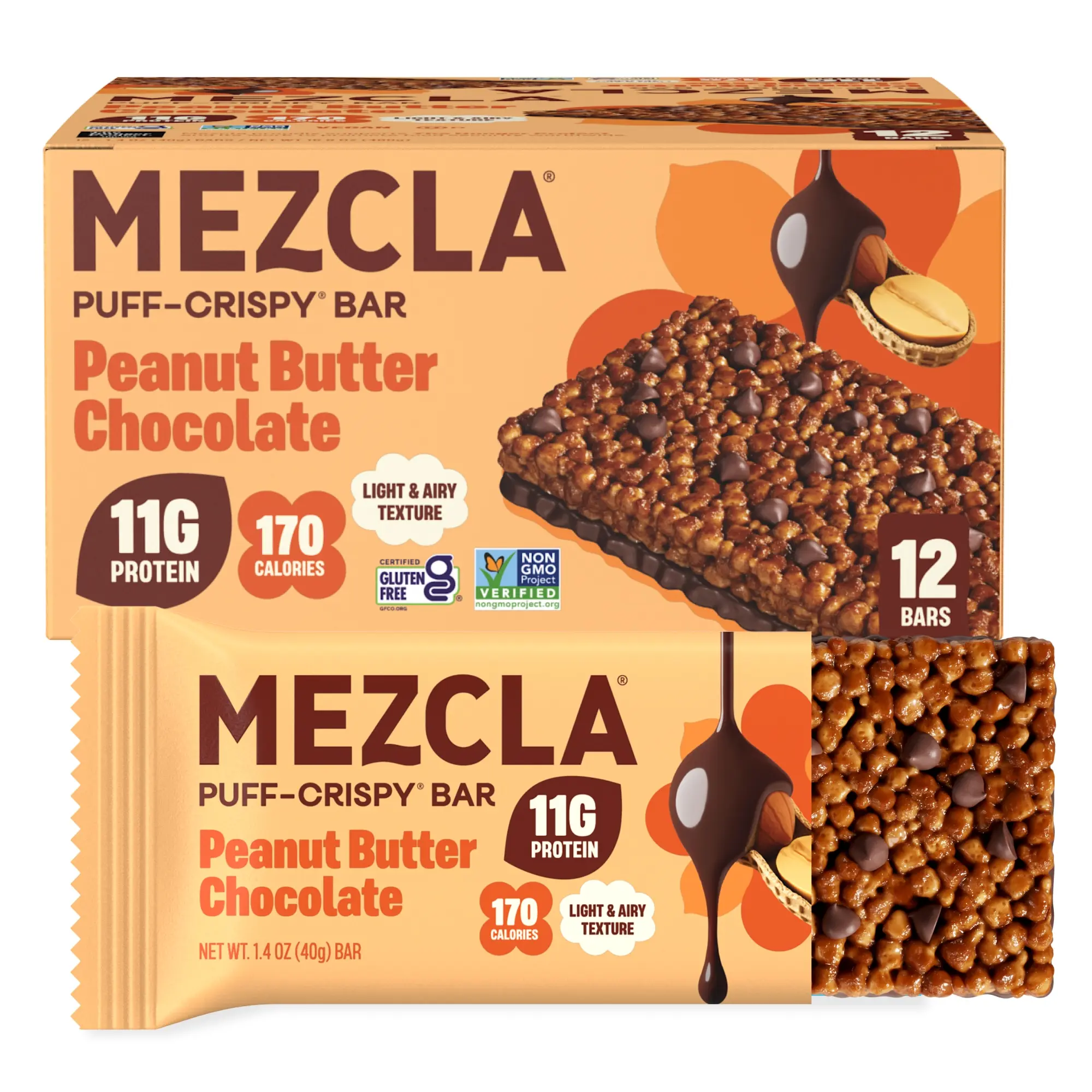 Mezcla Peanut Butter Chocolate Puff Crispy Protein Bar, 11g Plant Protein, Vegan Treat