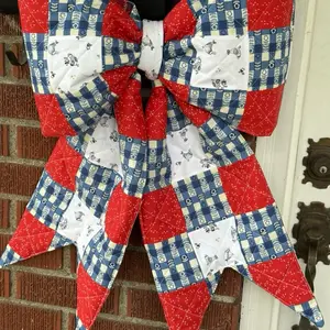 Big Reversible Bow - Quilted Red and Blue Checkered Design with White Accents for Festive Decor