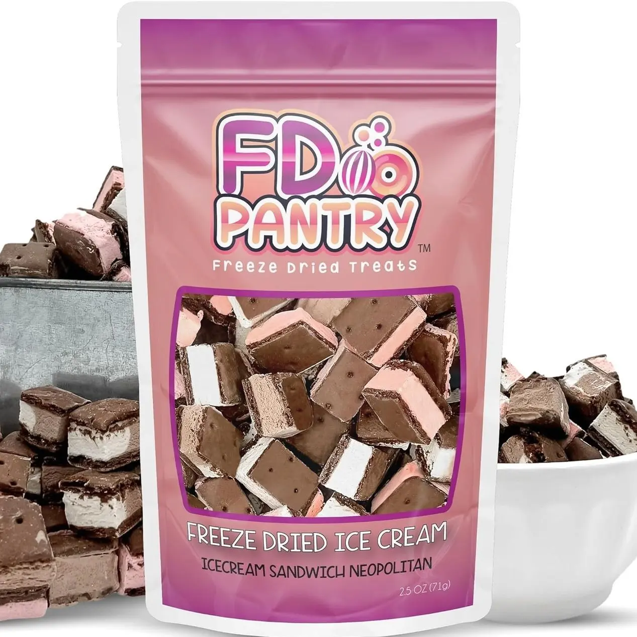 Freeze Dried Ice Cream Sandwich Bites, Neapolitan, Crunchy & Sweet Snack, 2.5 oz, Dehydrated, Resealable Gift Bag, Strawberry, Vanilla, Chocolate