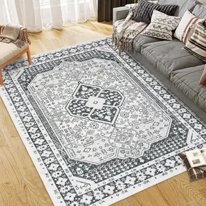 【GARVEE】Washable Area Rugs for Living Room, 9x12 Stain Resistant No Slip Large Area Rug, Ultra-Thin Vintage Moroccan Soft Carpet for Bedroom Dining Room, Black Grey