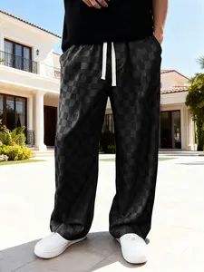 Men's Casual Trousers: Straight-Leg, Drawstring, and Breathable Long Pants featuring a Subtle Checkerboard Pattern—Ideal for Outdoor Activities, Dates, and Work. mens shorts men's wear shorts Baggy Wide Sweatpants college slacks Rhinestone Elastic Waist