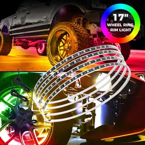 17 Inch RGB LED Wheel Ring Lights for Cars - IP67 Waterproof Wheel Hub Lights with APP & Remote Control, Double-Sided SMD 5050 LED Strips for Truck, SUV & Off-Road Vehicle (4 Pack)