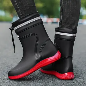 Unisex Waterproof Lightweight PVC Rain Boots - Slip-Resistant Elastic Sides, Breathable Fabric Lining & Cushioned EVA Insole for All-Season Casual, Fishing, Kitchen Use - Black with Red Accents, Allweather Footwear | Stylish Midboot | Secur