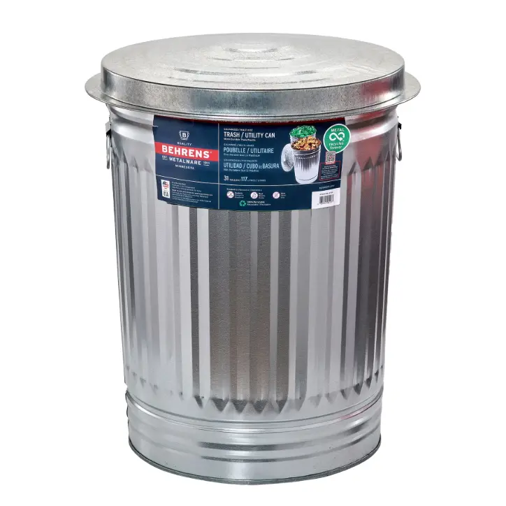 Behrens 31 Gallon Galvanized Steel Trash Can with Lid Heavy Duty Outdoor Garbage Bin
