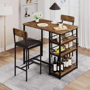 Garvee 3-Piece Rustic Brown Counter Height Bar Kitchen Table Set with 3 Storage Shelves, Ideal for Small Spaces and Apartments, Includes Dining Table and 2 Upholstered Bar Height Chairs