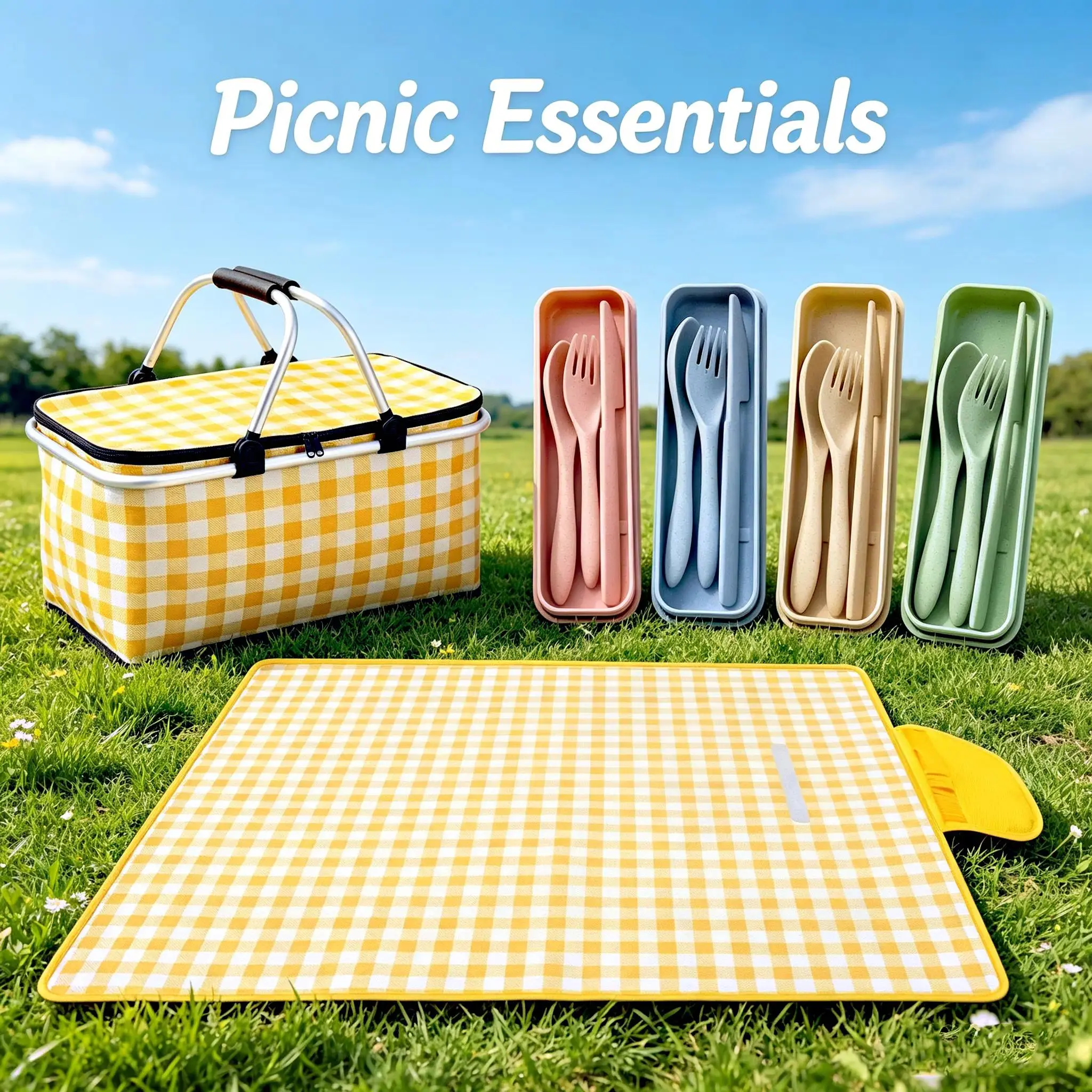 Reusable Picnic Bundle with  Gingham Insulated Basket,Mat & Reusable Cutlery for 4 People,Perfect for Camping, Beach, Hiking & Travel,summervibes