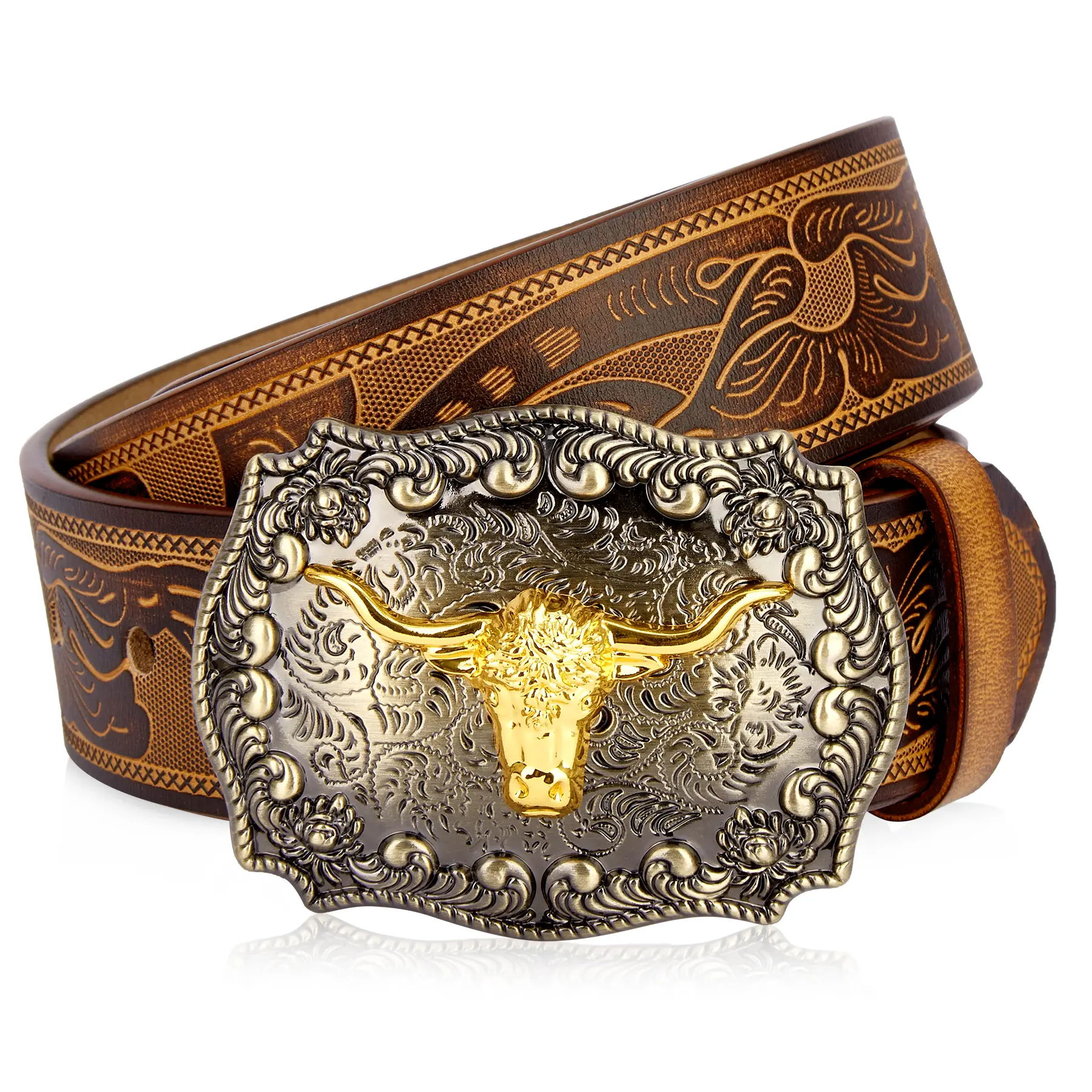 BISON DENIM Men's Embossed Western Leather Belt, Casual Adjustable Belt with Removable Buckle, Men's Outfit Gift