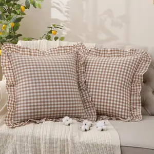 Tan Gingham Throw Pillow Covers 100% Washed Cotton Linen Feel Soft Comfy Ruffle Farmhouse Fall Decorative Pillow Cases Set of 2 18x18 Inches Zipper Closure for Couch Sofa Bed
