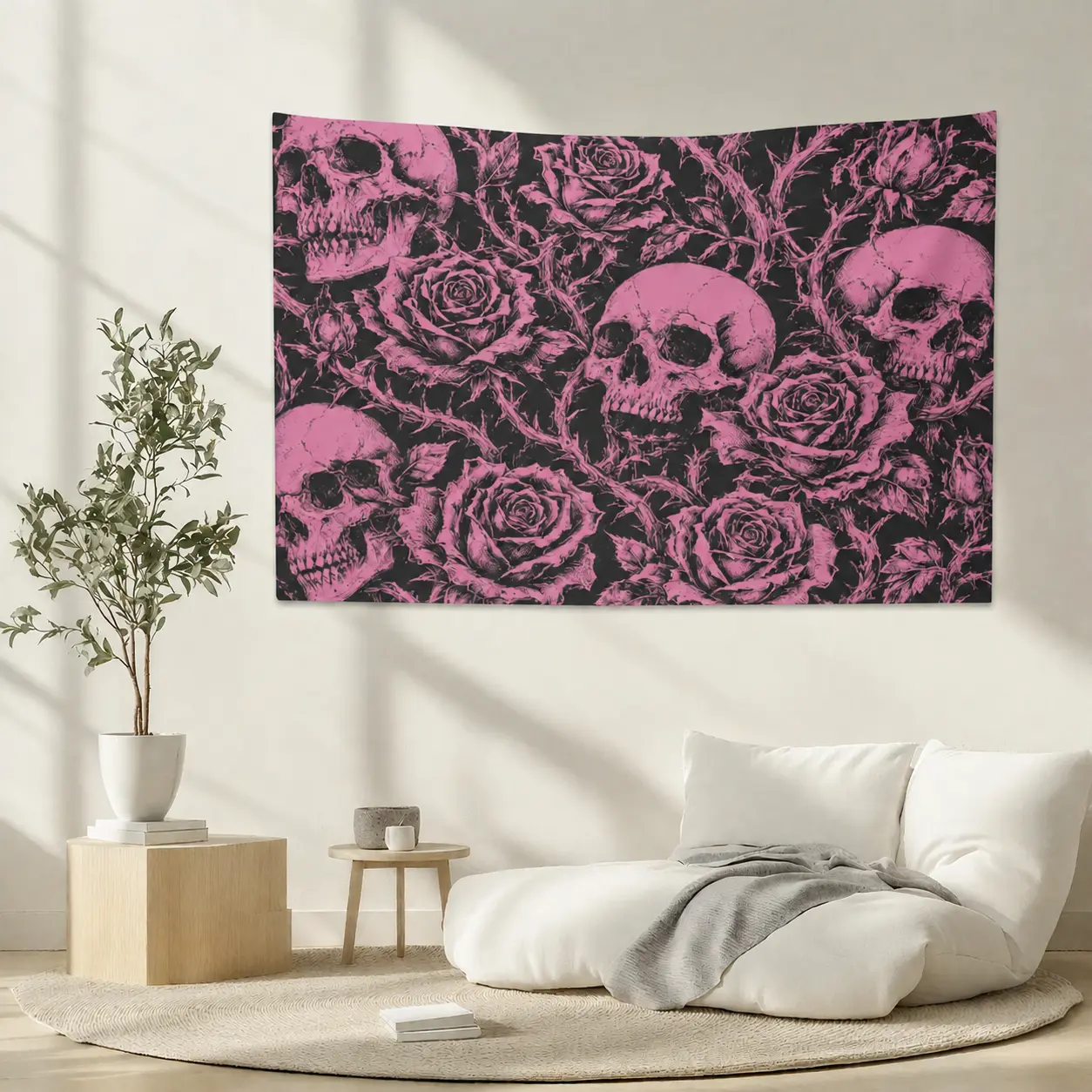 Pink Gothic Skull Rose Tapestry, Black Pink Skeleton Wall Hanging, Thorn Floral Tattoo Style Wall Decor, Y2K Alternative Bedroom Aesthetic Decor