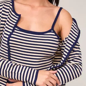 Women's Midnight Stipe Cardigan Set - Trendy - Top, Womenswear Knitwear Cami Soft Casual Comfortable Crop