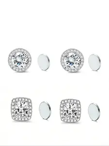 4pcs Fashion Moissanite Full Diamond Round Stud Earrings, Hypoallergenic Magnetic Ear Clips, Comfortable Skin-Friendly Jewelry Gift, Fashionable Earrings