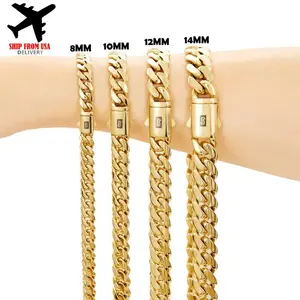 14K Vacuum-gold Plated Hip Hop Jewelry Stainless Steel Miami Cuban Link Chain Necklace or Bracelet Fashion Accessory Men Women unisex Monaco italy Mexico & Micro Promise chains for Husband Boyfriend Valentines Birthday Gift