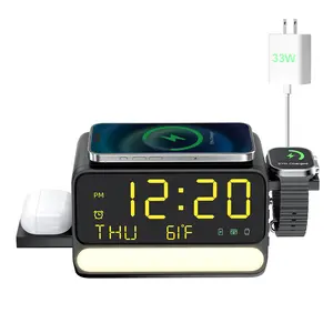 BLKE 7-in-1 Wireless Charging Station with Alarm Clock, Fast Charge, LED & Voice-Controlled Night Light, Bluetooth Time Sync, Temperature Display, Compatible with iPhone, Android, Apple Watch, Samsung Watch & Earbuds, 33W Adapter Incl, Ideal Gift