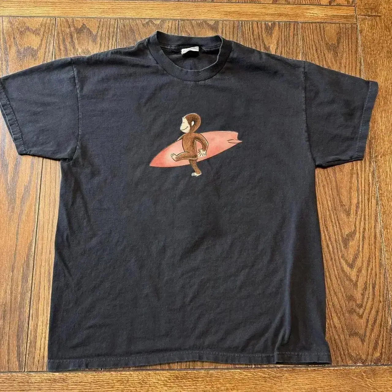 Curious Georgee Surfing Graphic T-Shirt – Black/white Cotton Tee, Cute Cartoon Monkey Shirt, Unisex Casual Streetwear Top, unisex shirt, gift for her for him