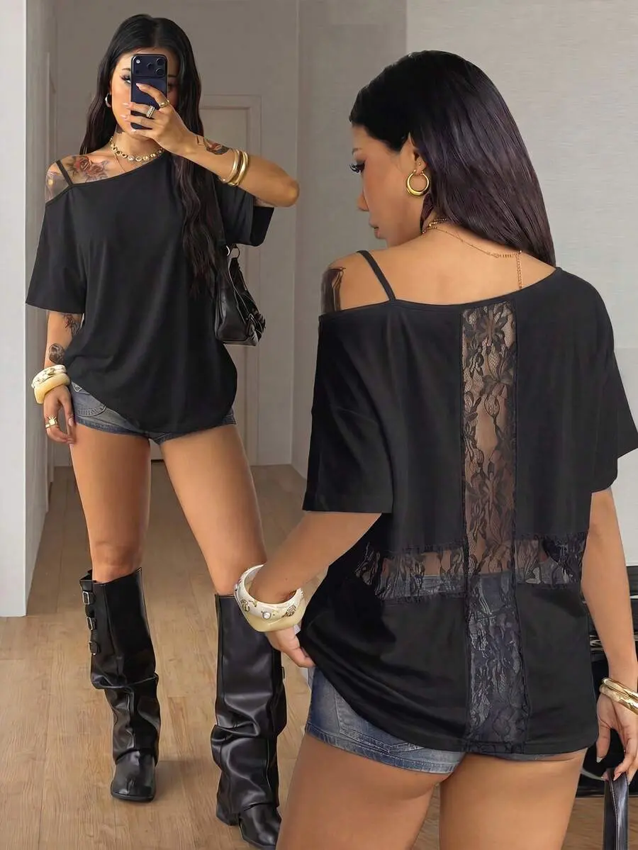 Summer Outfit For Women Streetwear Sexy Going Out Night Out Minimalist Daily Wear Casual Backless Contrast Lace Asymmetrical Neck Black T-Shirt
