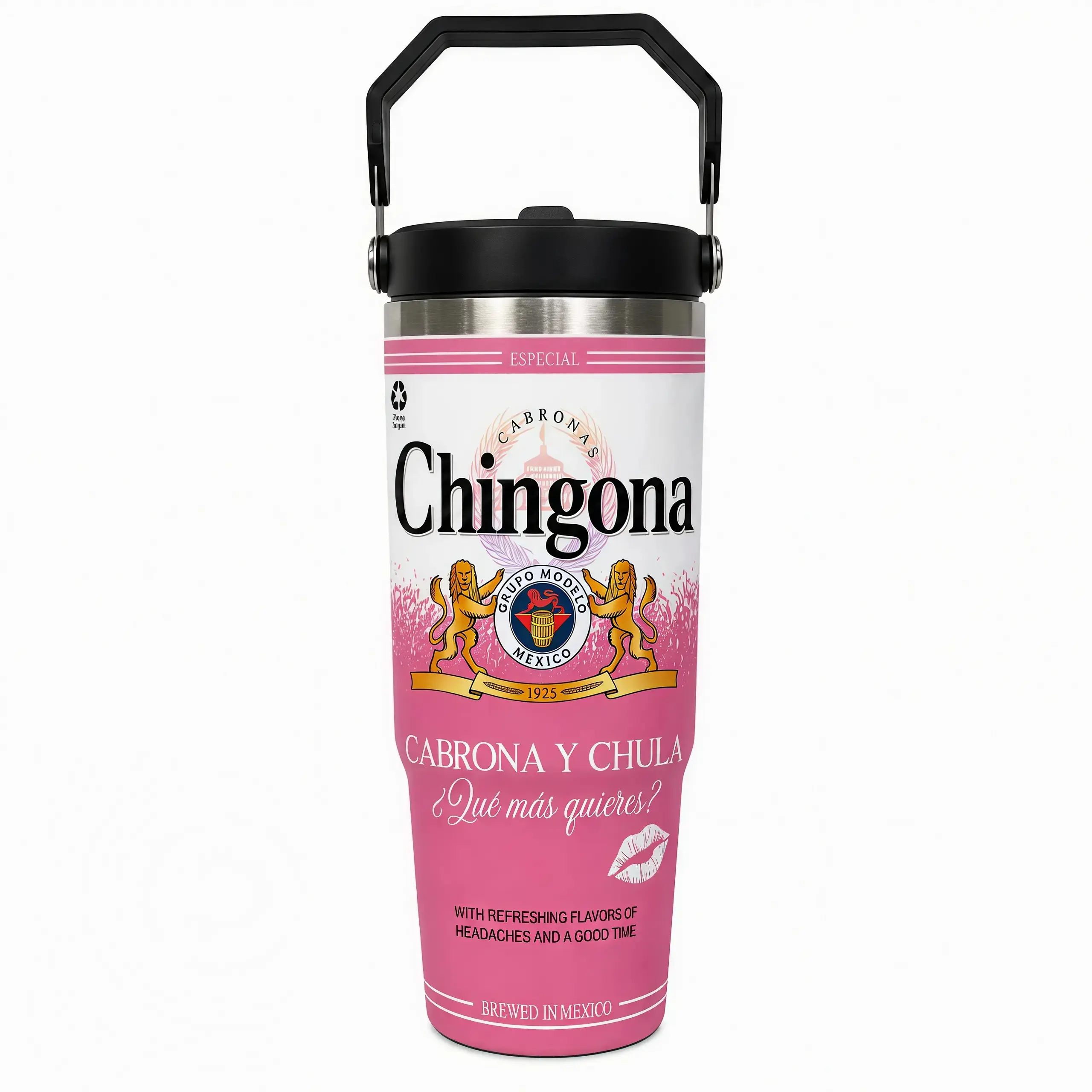 30oz Soft Rose Pink Wide Mouth Stainless Steel Water Flask - Latina Women's Chingona Modelo-Inspired Drinkware, Aesthetic Cabrona y Chula Design, 9.45 Inches Portable Tumbler with 2.75 Inches Base Diameter, Handle & Straw, Office Essential Gift