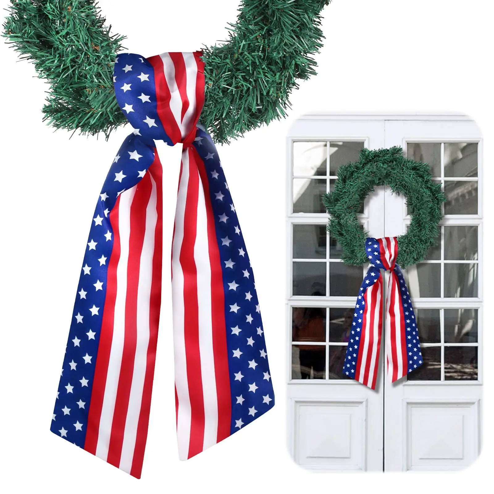 Summer Patriotic Wreath Sash for Front Door Red White Blue DIY Wreath Bow  Independence Day Porch Decor American Flag Day Stars Stripes Garland Ribbon Accessories USA Wreath Decor Outdoor Indoor Summer Patriotic Party Setup Home Decor Gift