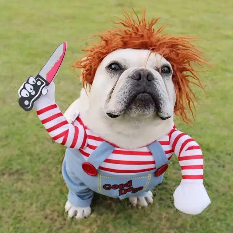 Halloween Pet Costume – Funny Killer Pup Cosplay with Wig & Knife Prop