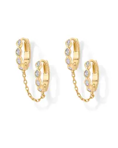 PAVOI 14K Gold Chain Earrings for Women | Double Piercing Huggie Hoop with Dangle Chain | Cubic Zirconia Marquise Stud Ear Cuff