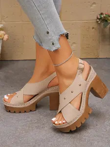 Summer retro style cross strap thick soled sandals for women, waterproof platform thick heel open toed sandals, rivet decoration, one buckle high-heeled fashionable sandals, versatile women's shoes for daily use, multiple color options, Footwear