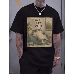 Lazy Day Club Cat Graphic Tee Vintage Cozy Cat Print Printed Tee Casual Wear Unisex Top Soft Fabric Style Aesthetic Tee Summer Shirt Lounge Streetwear Style Cute Lazy Cat Illustration With Bean Bag Plant Window Books Coffee Mug Trendy Design