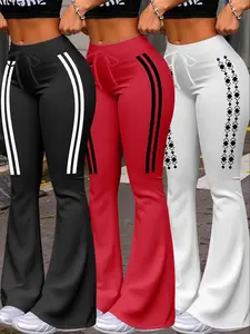 Women's Casual Fashion Long Pants, Bottom, Womenswear, Unique Print, Striped, Drawstring Waist, Adjustable, Soft, Smooth, Milk Silk Athletic Activewear Yoga Pants, All-Season Wide Leg Fit Jogger Pants