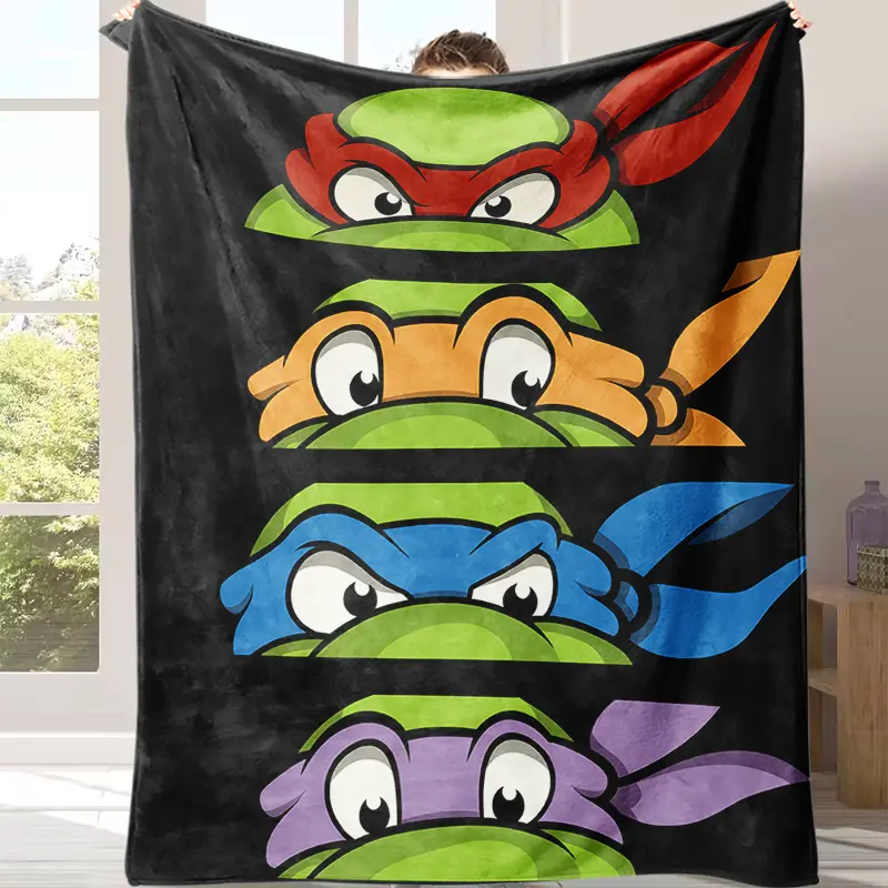 Ninja Turtle Color Block Flannel Blanket - Cozy Aesthetic, Skin Friendly, 4-Turtle Faces Design, Retro Anime Style, Ideal Gift for Enthusiasts, Suitable for Home/Office Indoor Outdoor Use